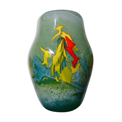 Vase en pate de verre annees 1970 decor abstrait signe Biot monogramme g r