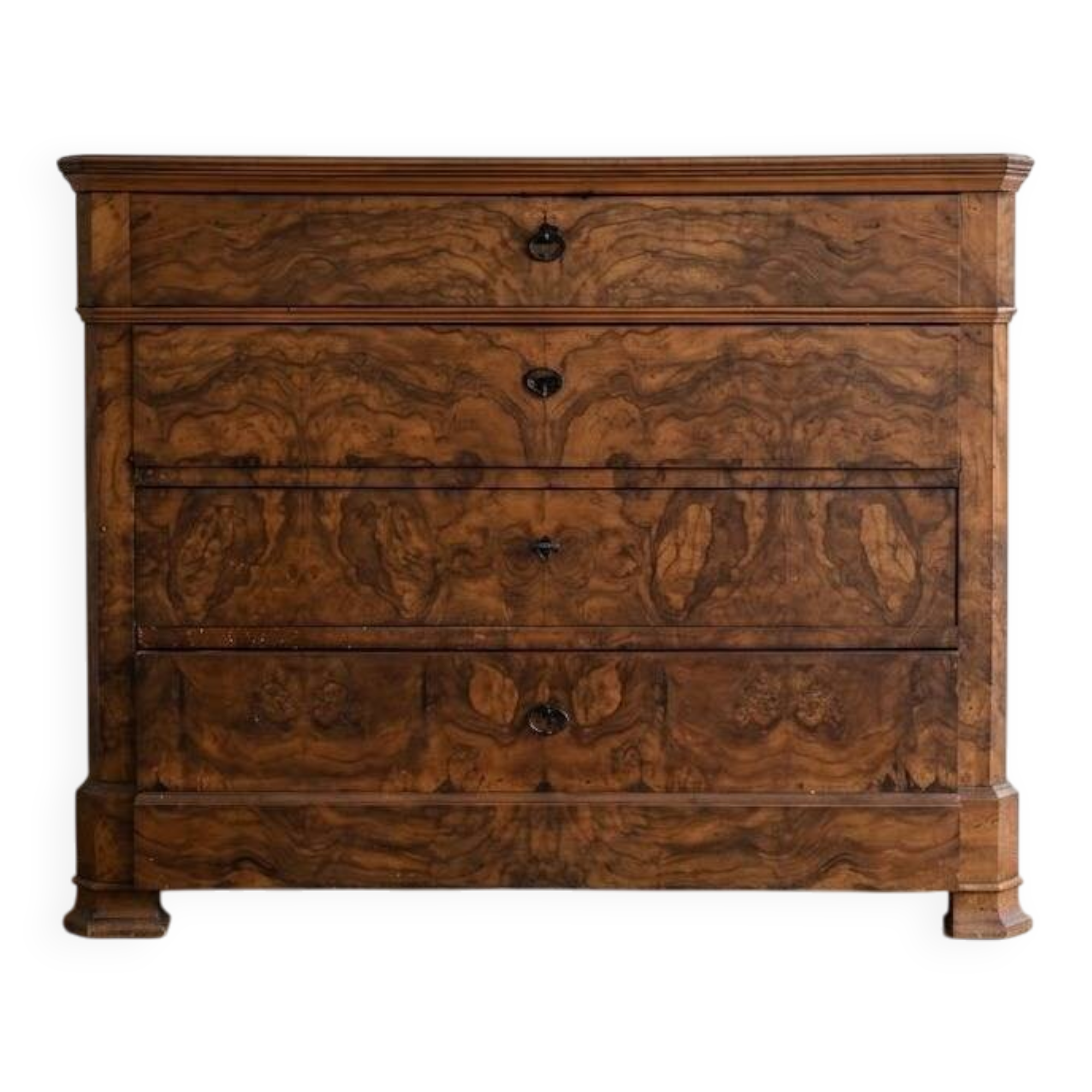 Antique commode in veneered wood with burl.