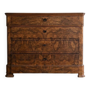 Antique commode in veneered wood with burl.