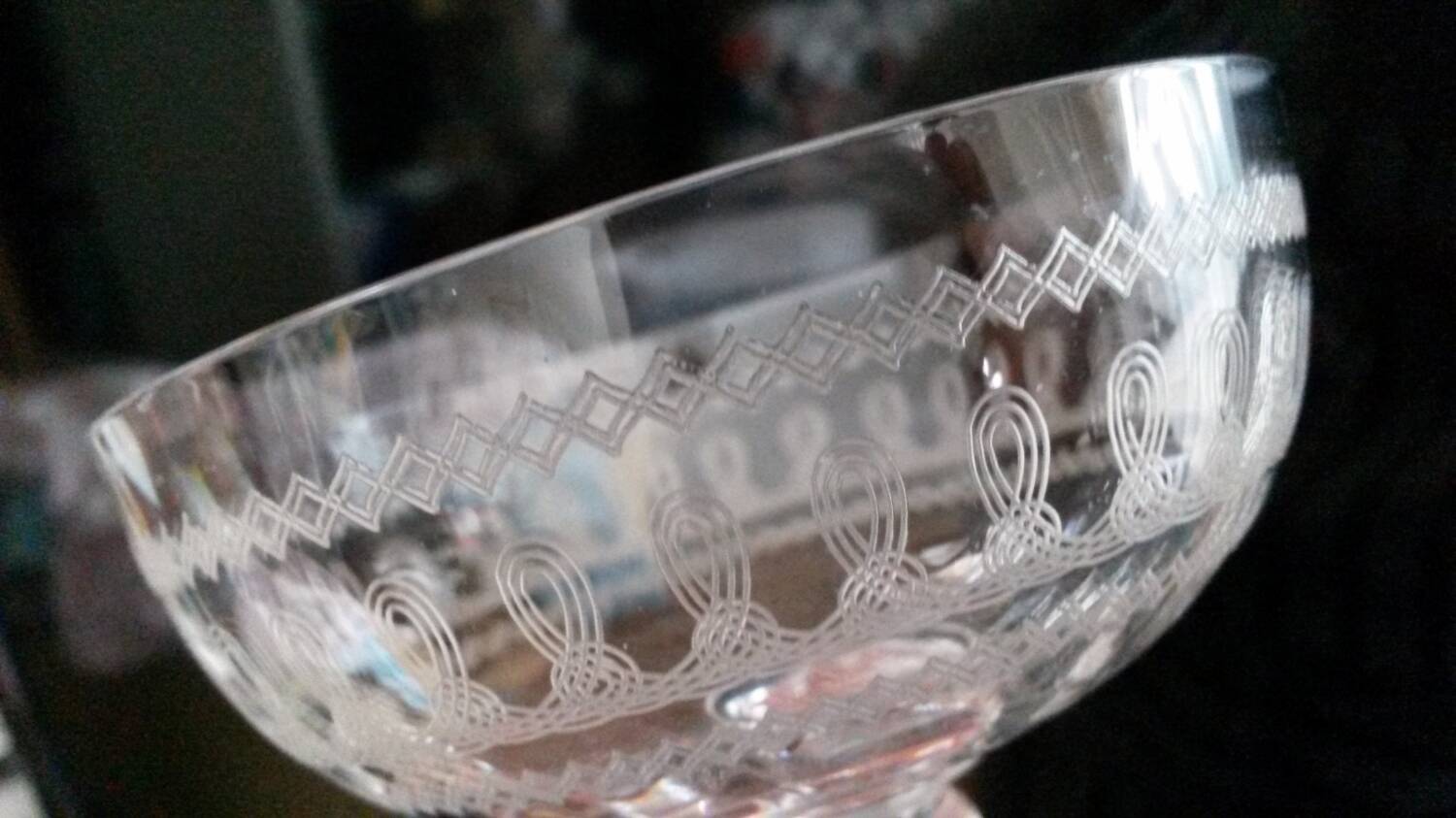 8 Antique Engraved Crystal Champagne Glasses 250517