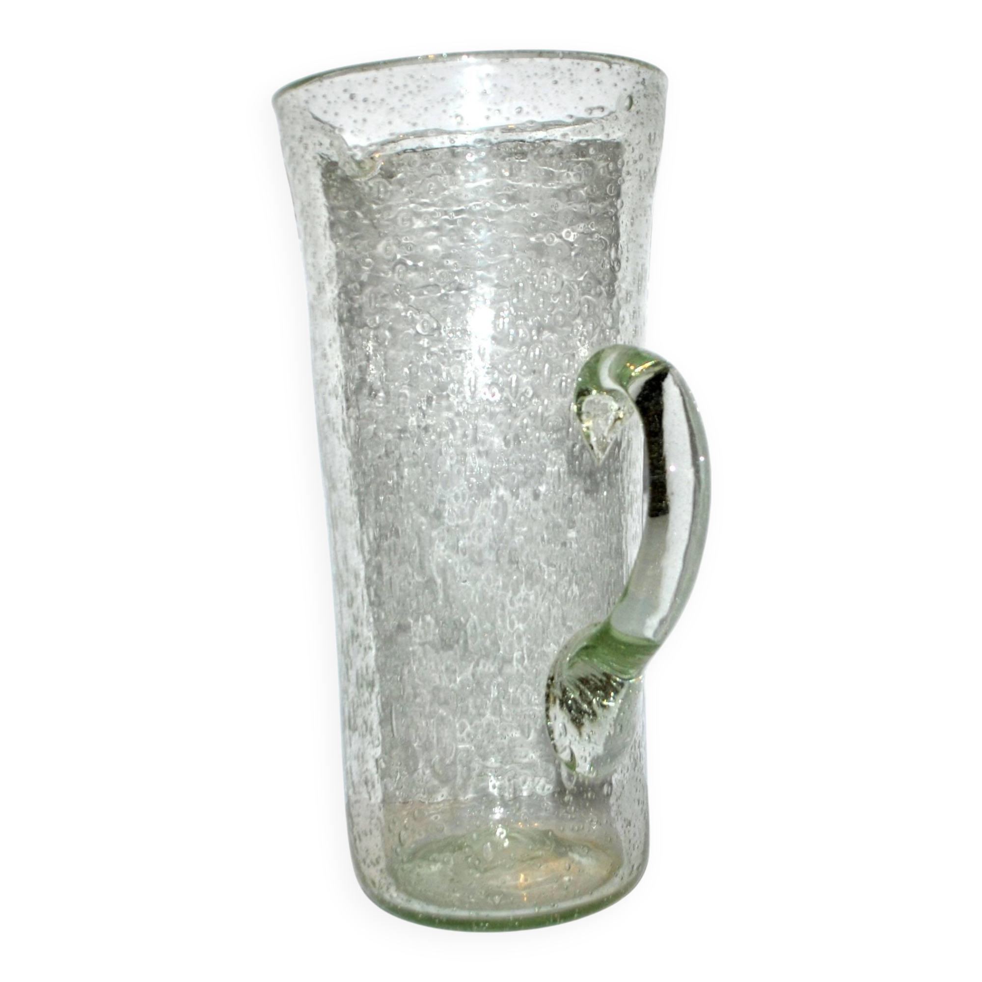 Grand pichet à orangeade punch vintage en verre bullé de biot vert clair 33.5cm