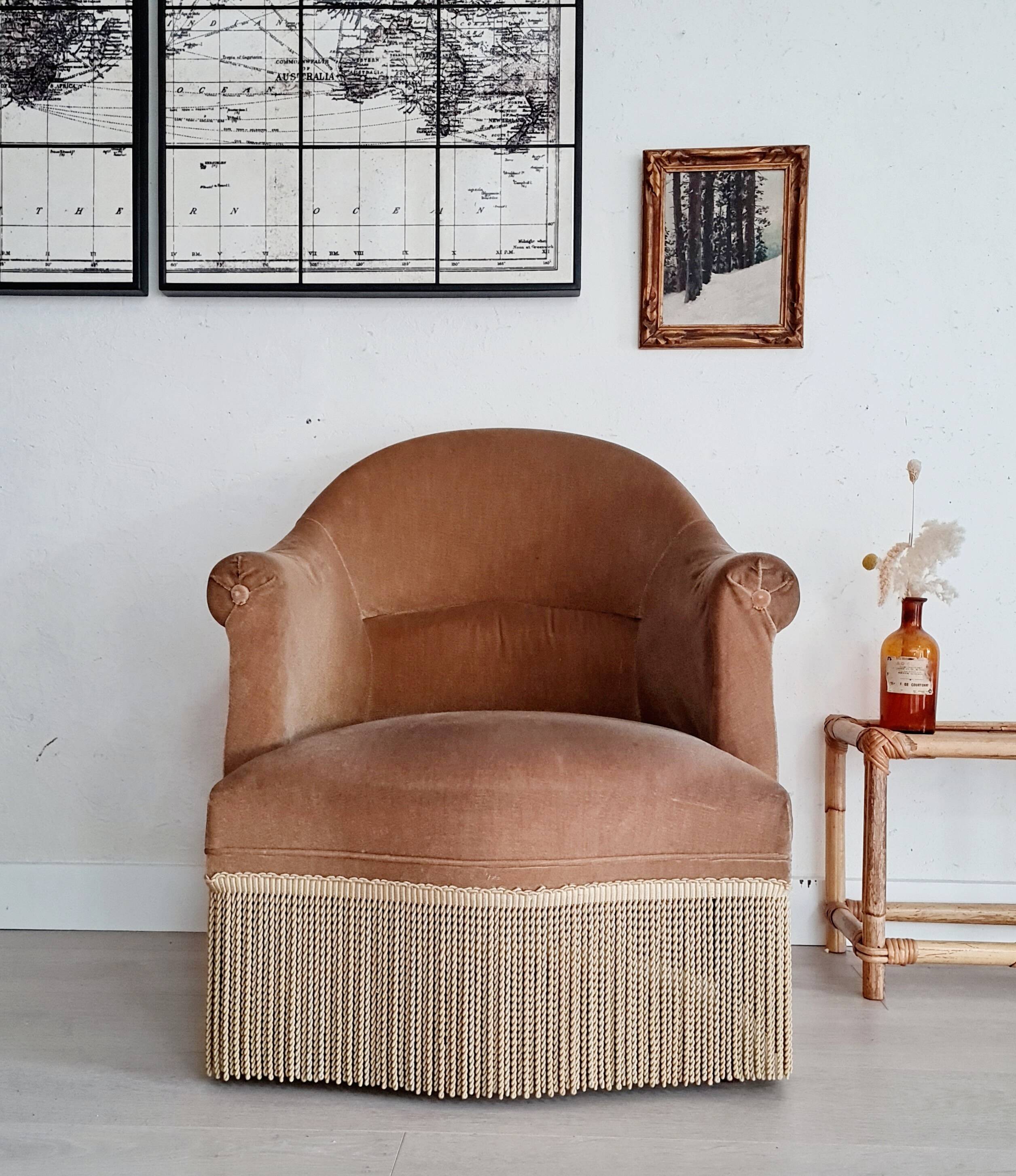 Fauteuil crapaud velours beige doré