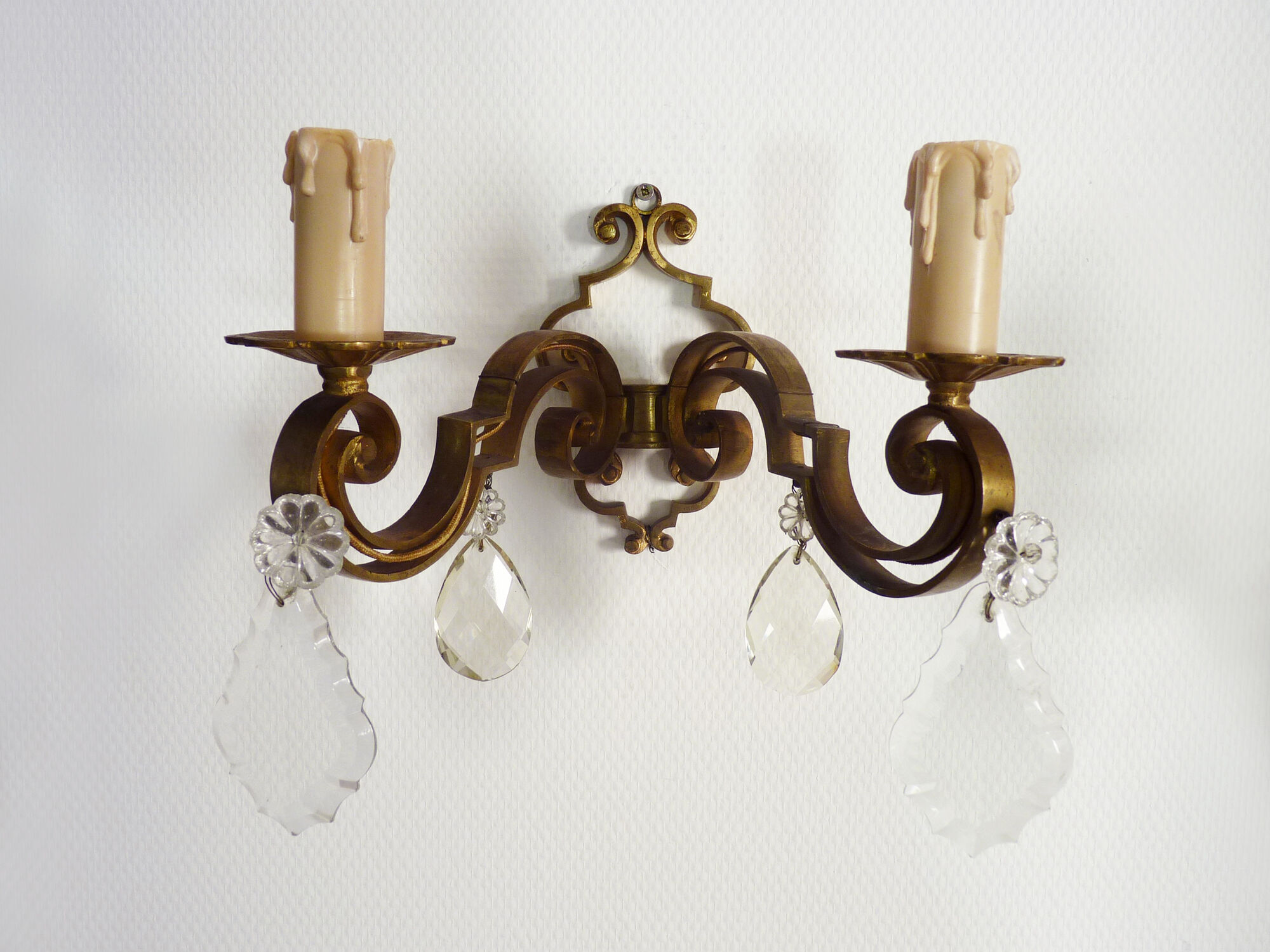 Former pair bronze wall sconces with double lights and tassels. Art Deco period