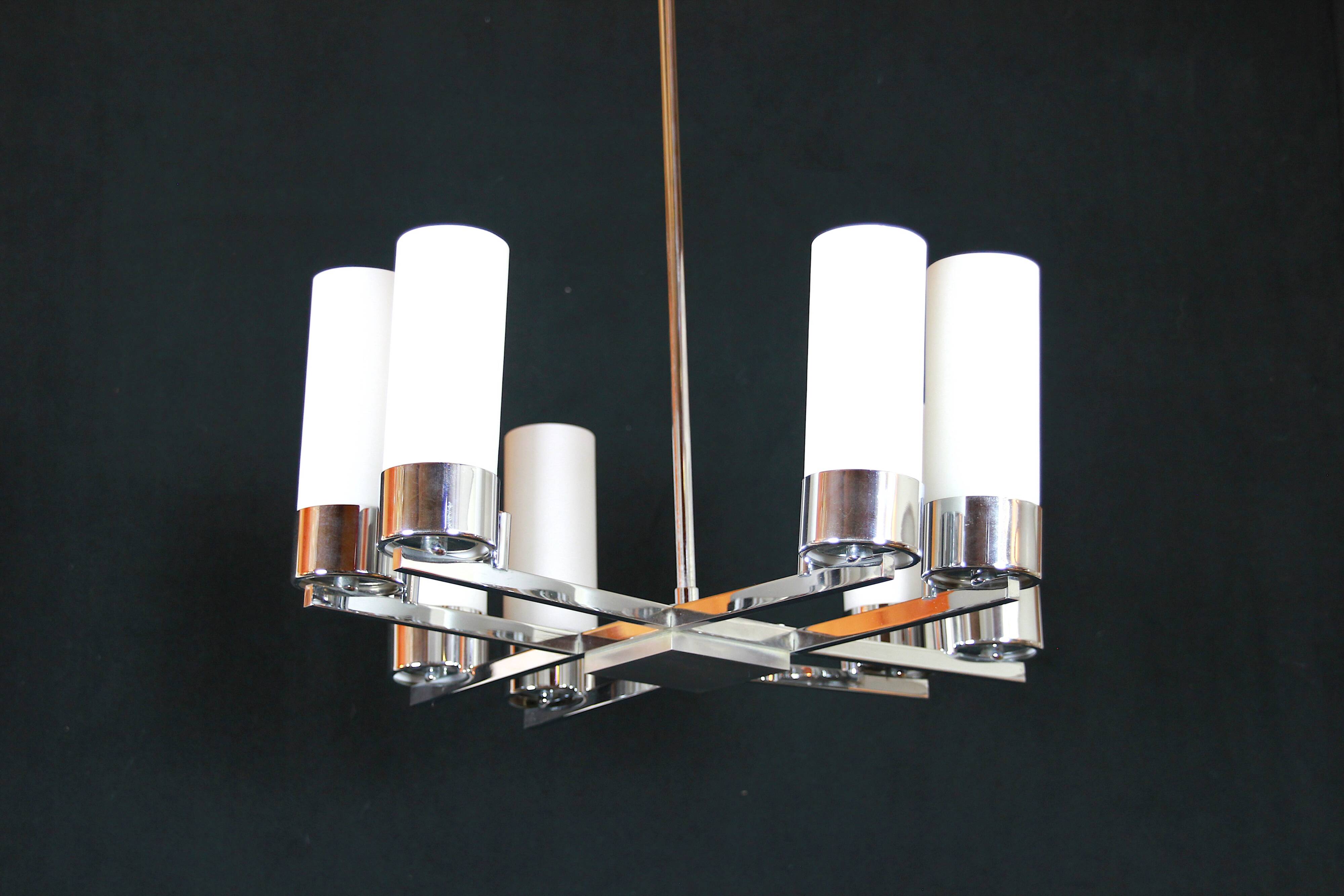 Modernist chandelier, chrome and opaline metal, mid-century france - 8 lights