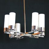 Modernist chandelier, chrome and opaline metal, mid-century france - 8 lights