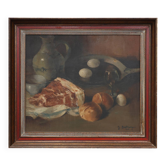 Flemish realist still life with ham, eggs and bread, signed and dated
