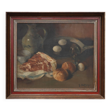 Flemish realist still life with ham, eggs and bread, signed and dated