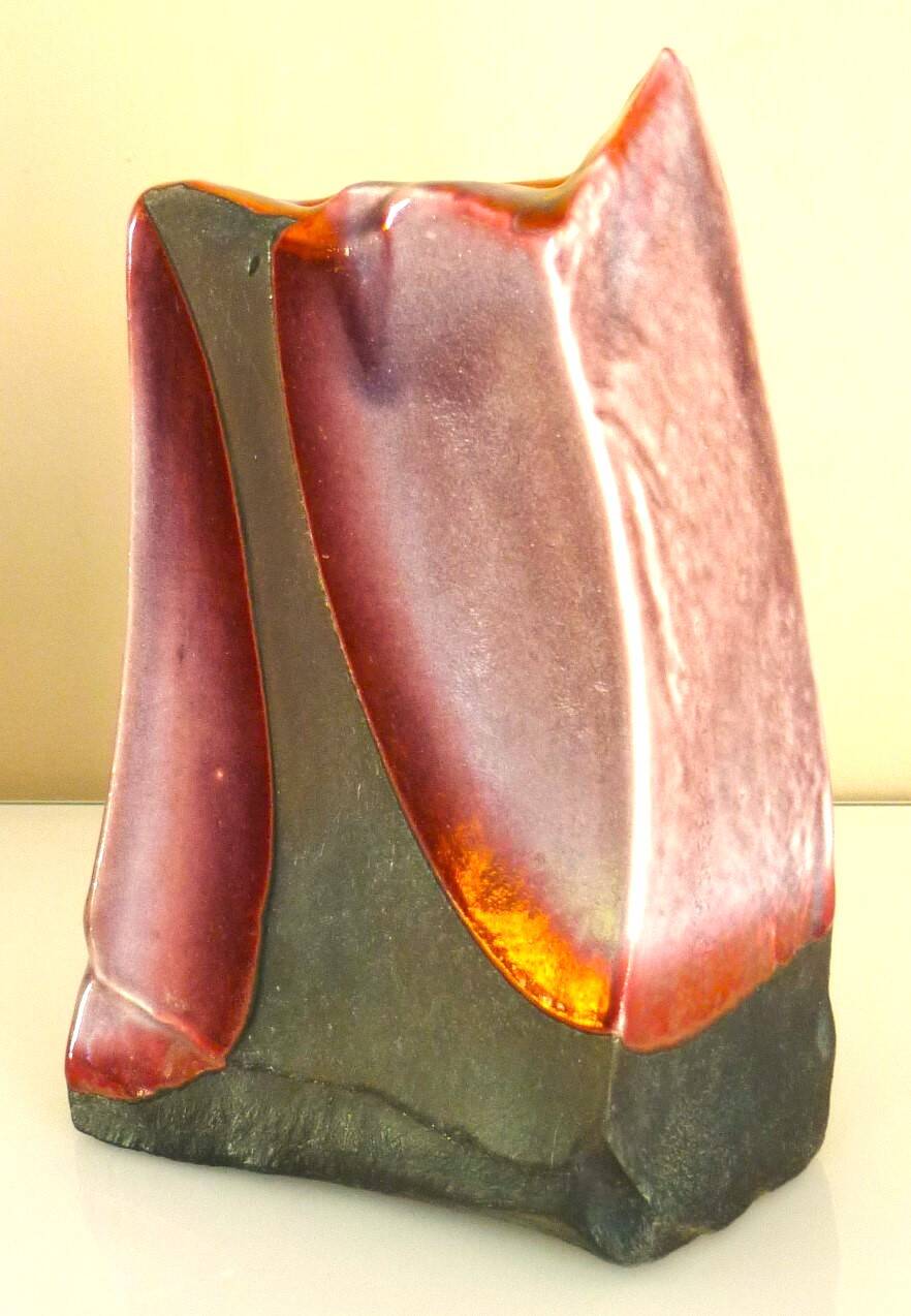Raku ceramic vase, brutalist, gilded, design by Tony Evans