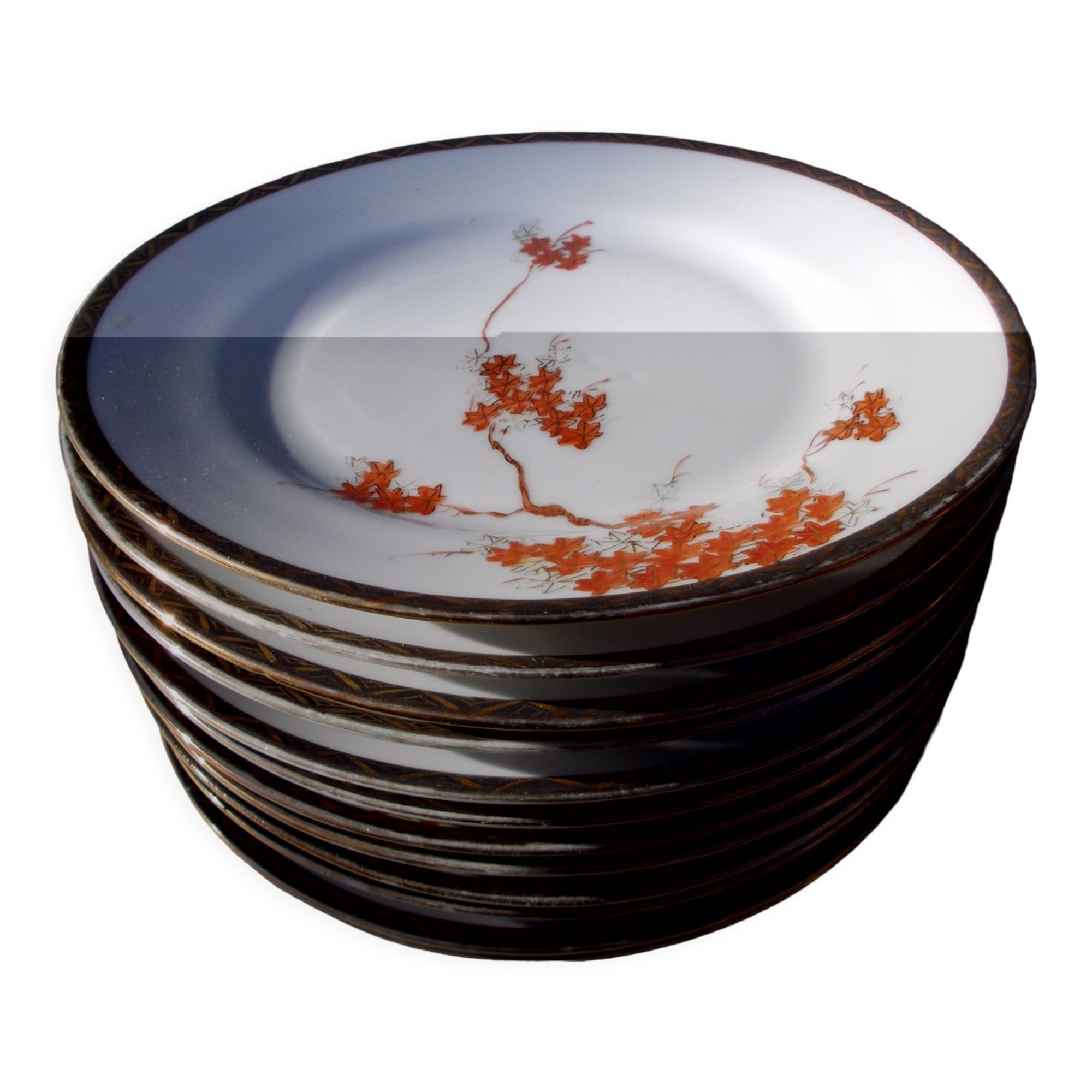 Porcelaine vintage Japon 12 assiettes dessert décor érables