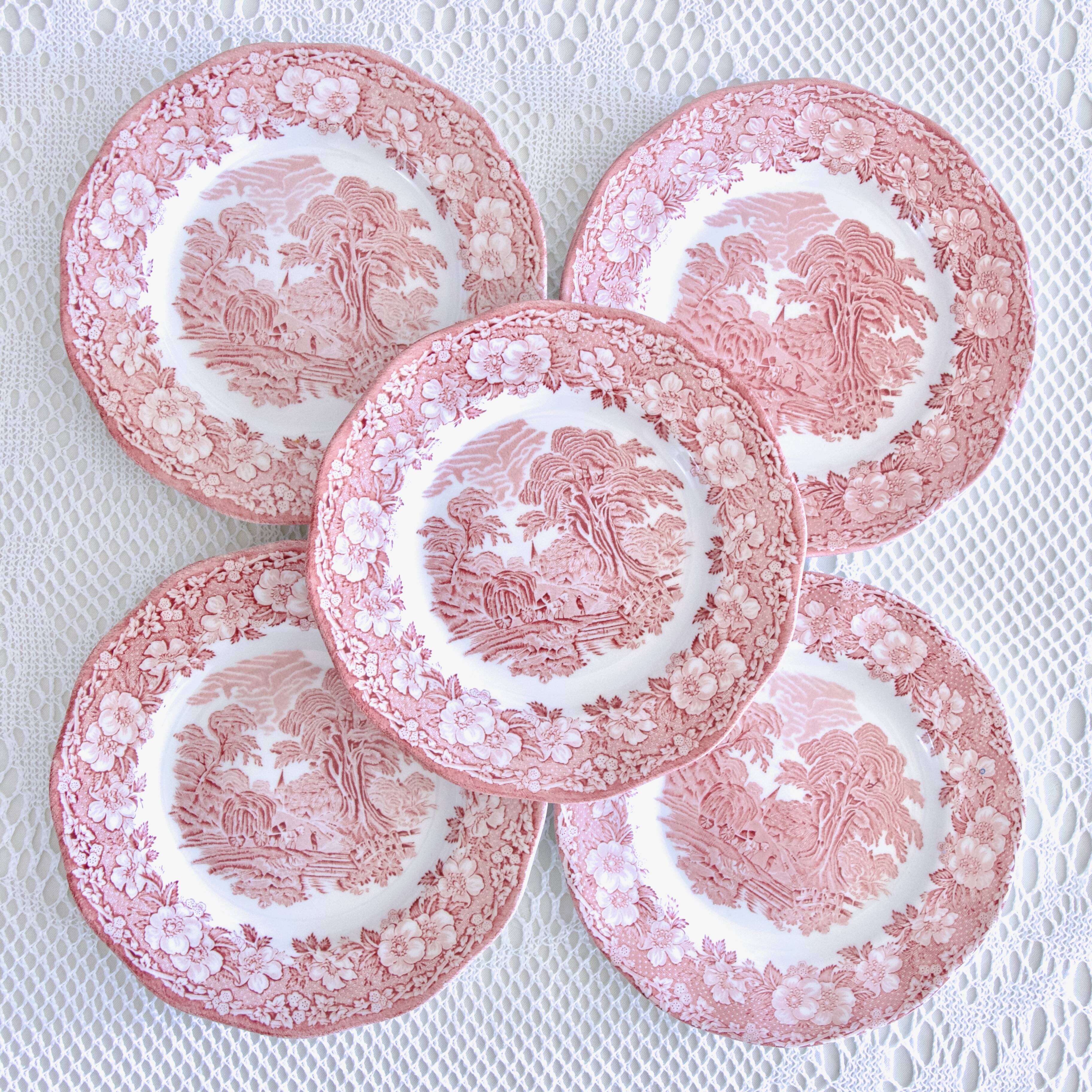 Wedgwood "Woodland" plates, pink English ironstone