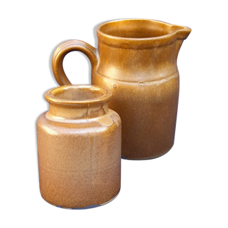 Duo of pots/pitchers in iridescent brown sandstone, stamped Digoin