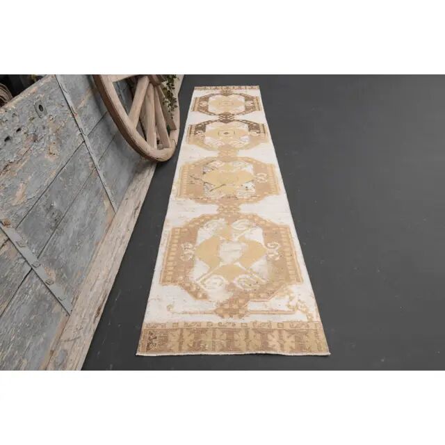 1970s Turkish Hand-Knotted Wool Cotton Beige Runner Rug 73x310