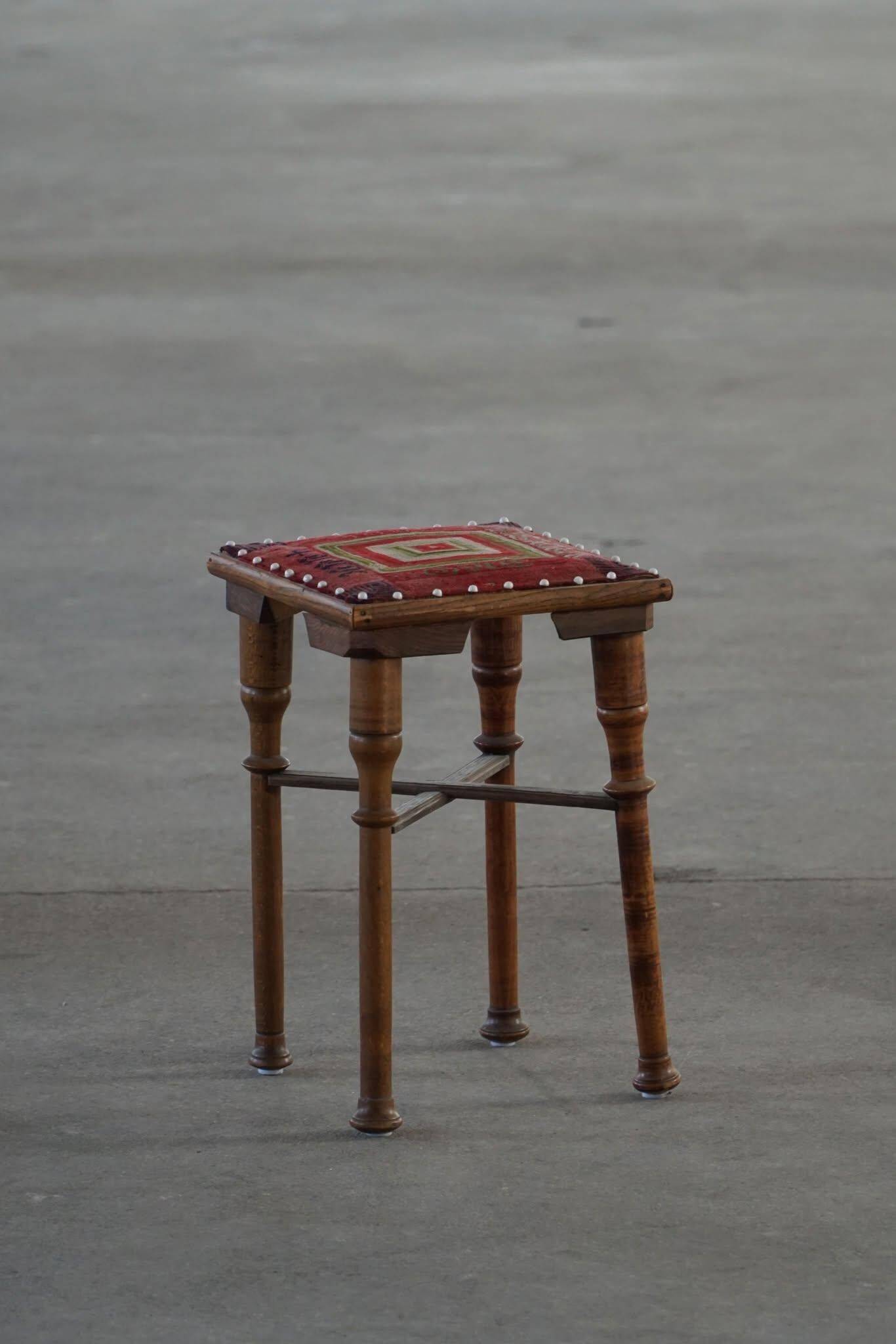 Almue Scandinavian Stool in Wood and Fabric, Late 19th Century