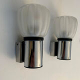 Pair of vintage wall lamps, sandblasted glass and chromed metal, France 1970