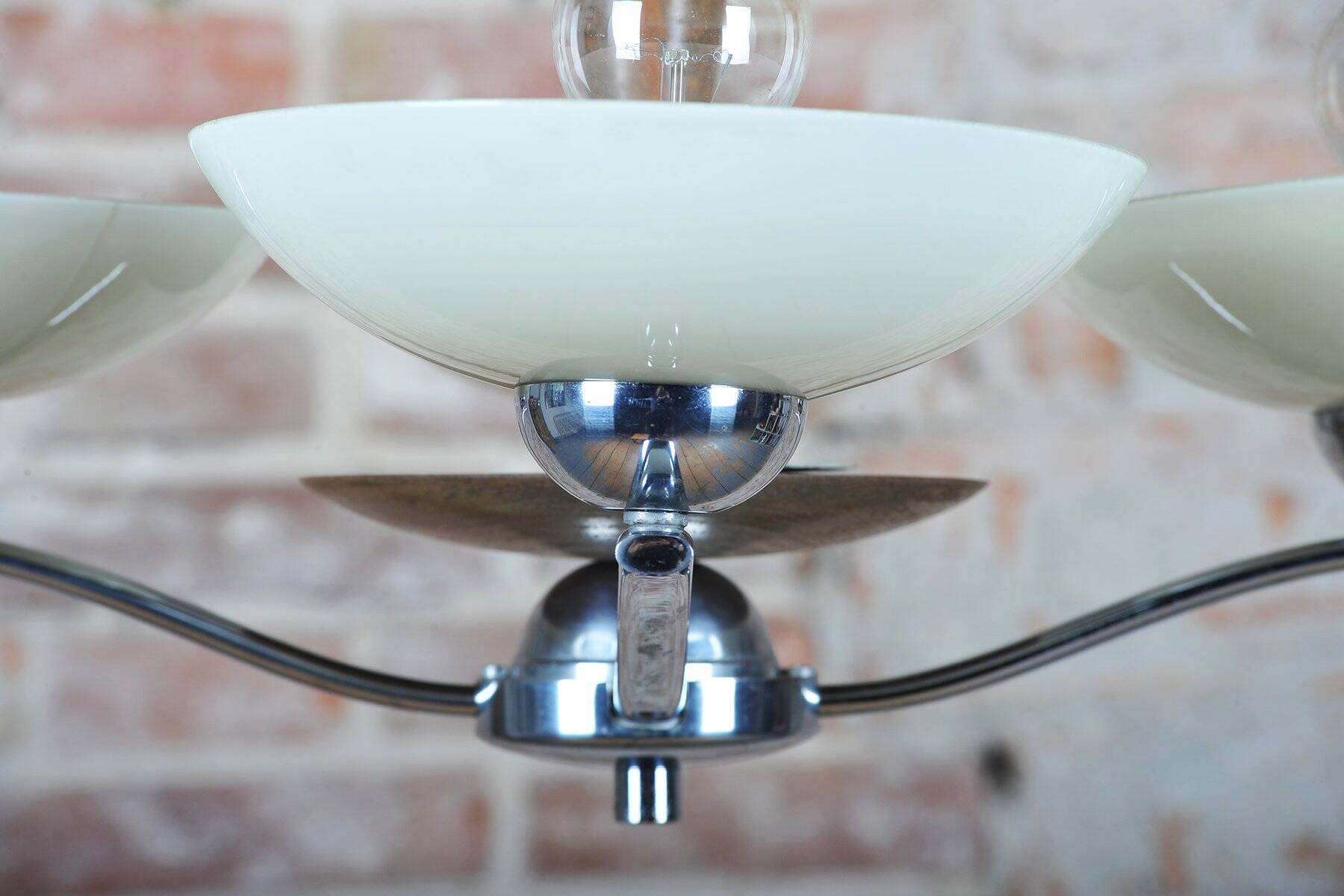 Art Deco Chandelier in Chromed Steel, Beech and Opal Glass, Czech, 1920s