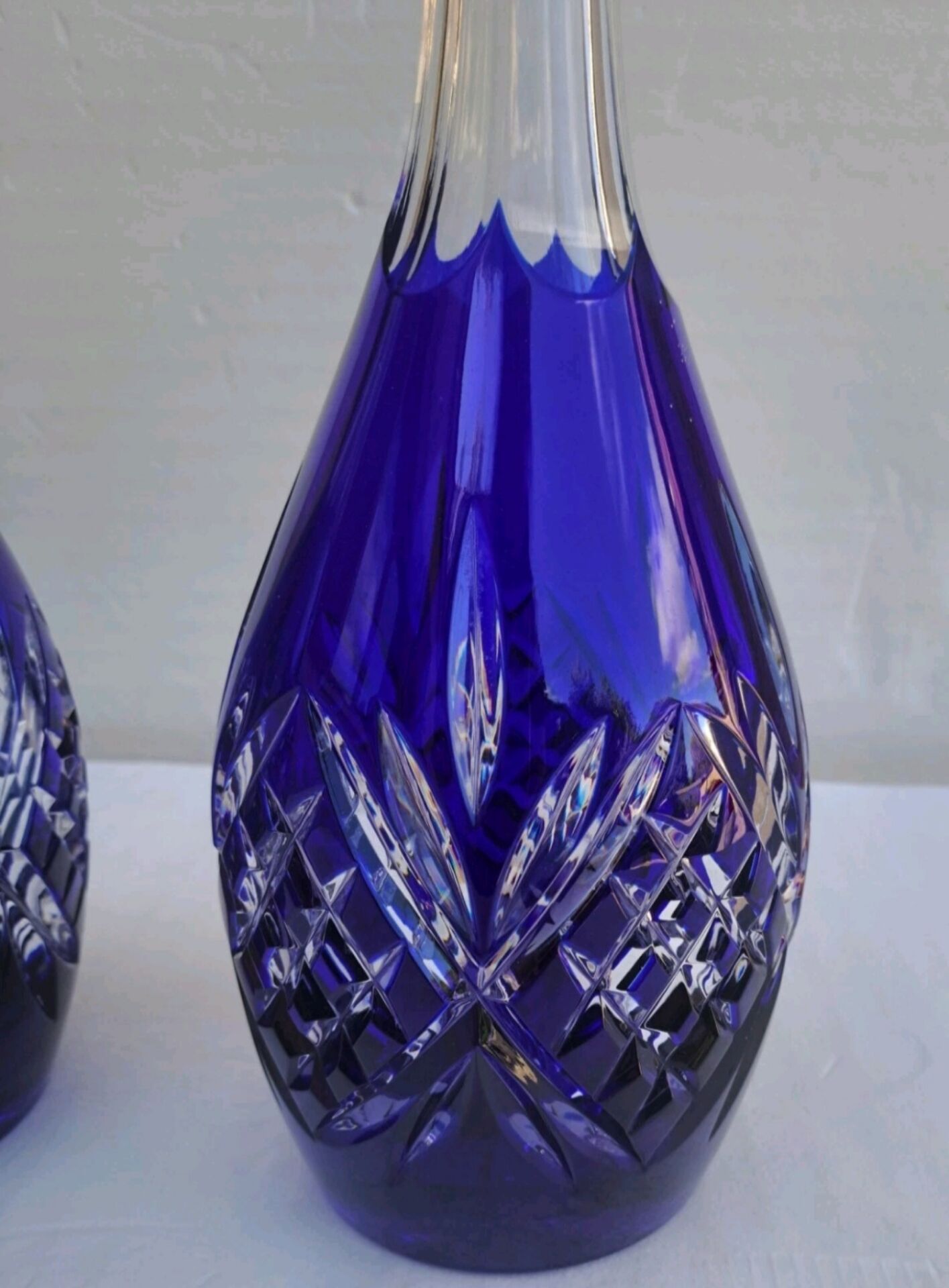 Pair of cobalt blue crystal carafes