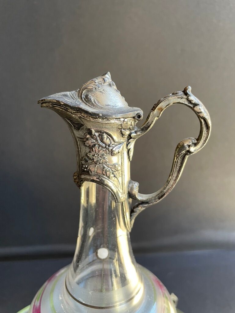 Liquor service Art Nouveau 1/2 Enamelled colored crystal with silver metal frame