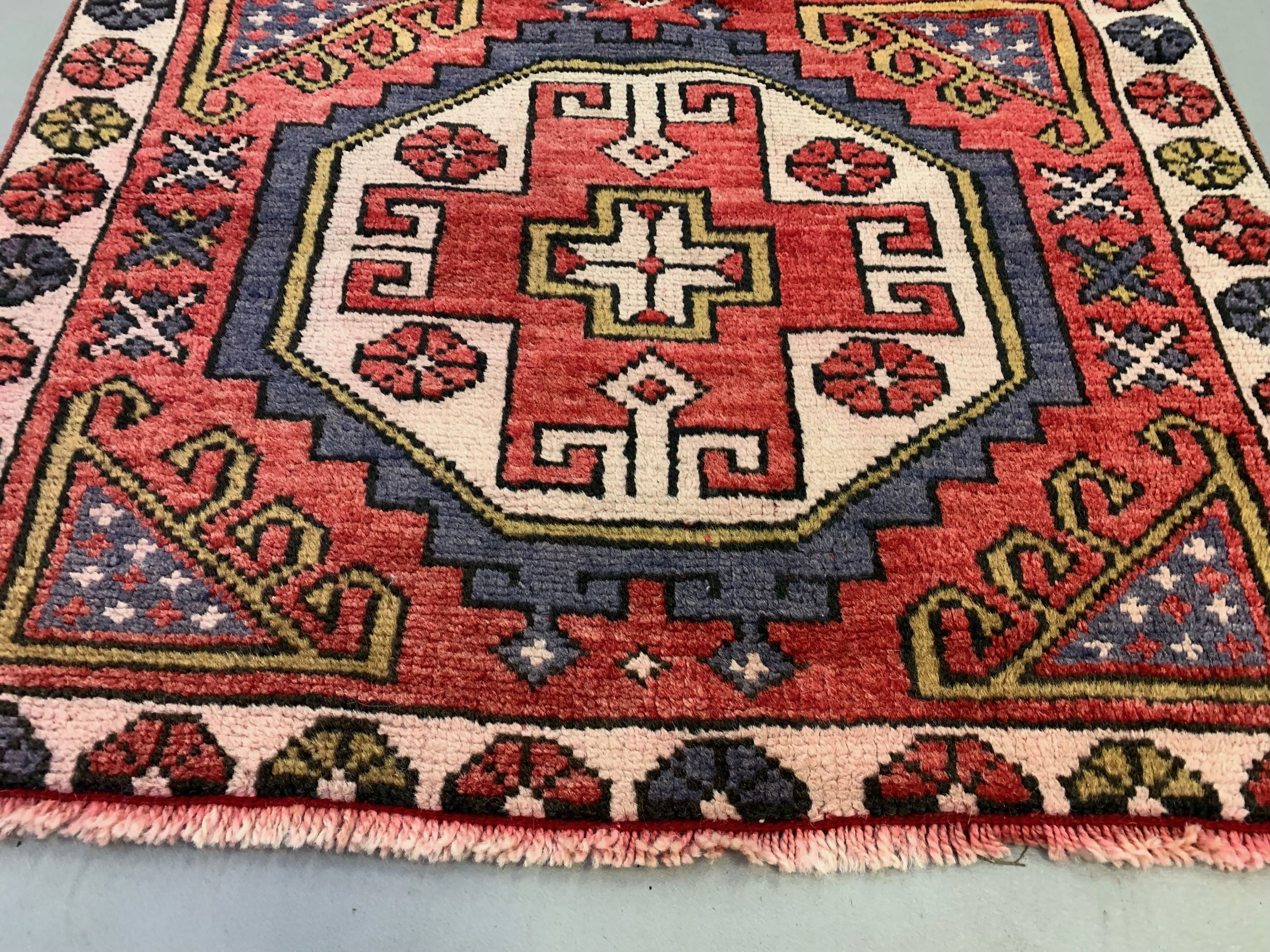 Vintage turkish runner 235x80 cm kazak rug, terracotta red, beige blue