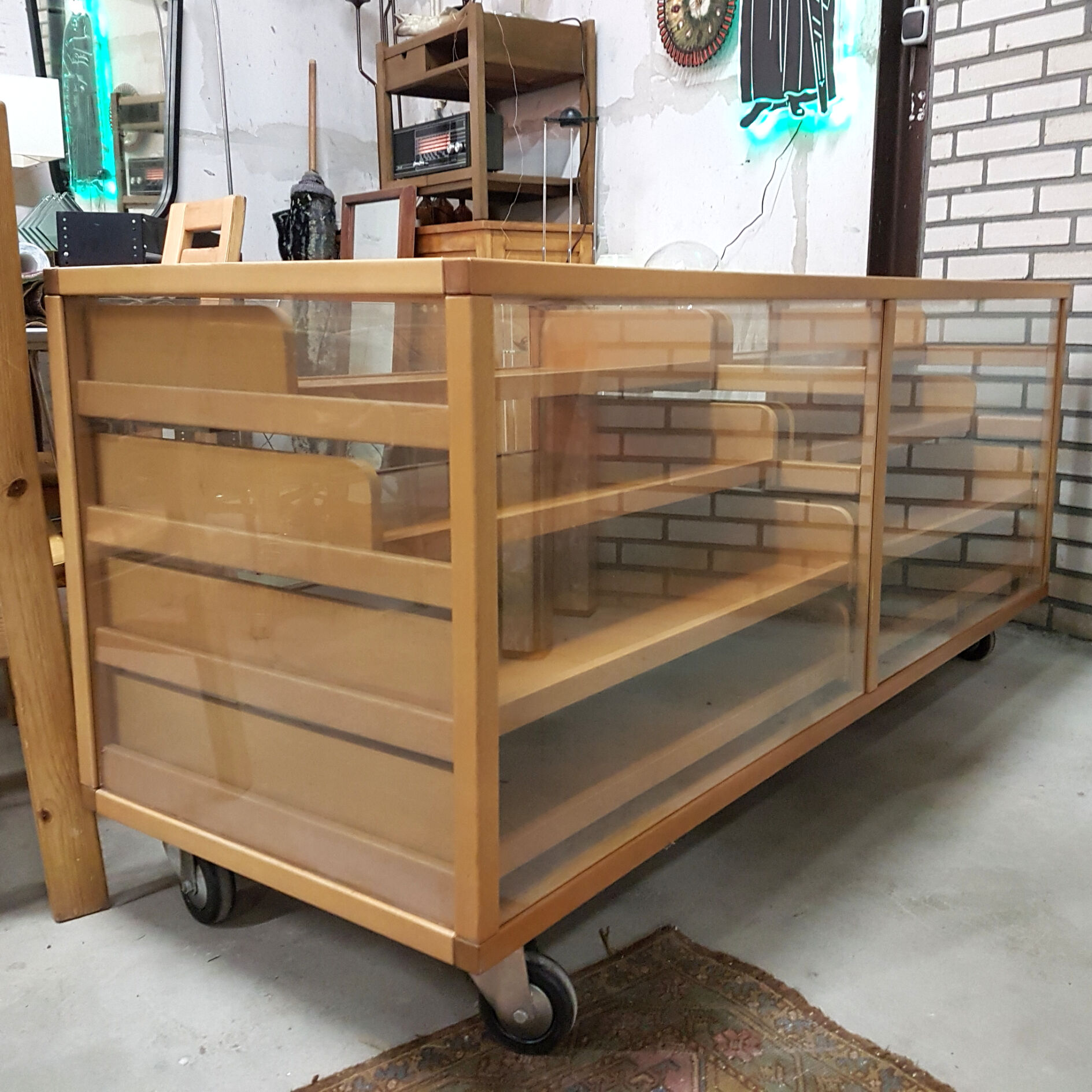 Vintage beech and glass display counter 1970