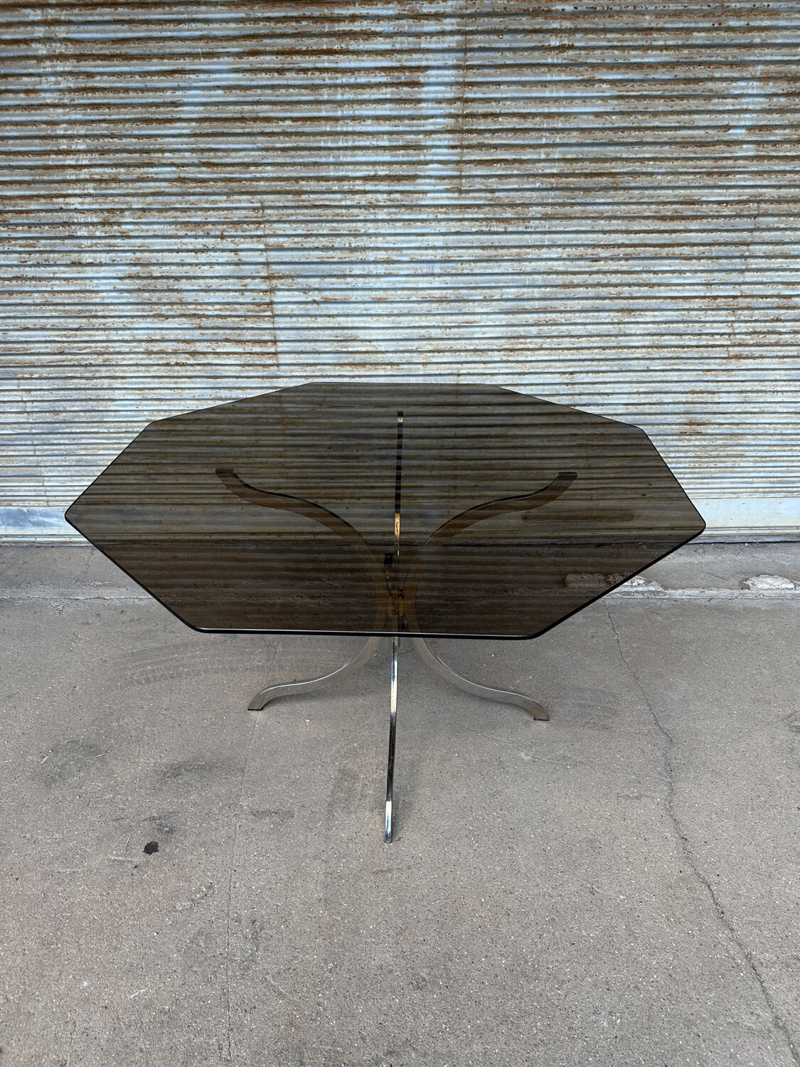 1970s table – chrome, brass, and smoked glass