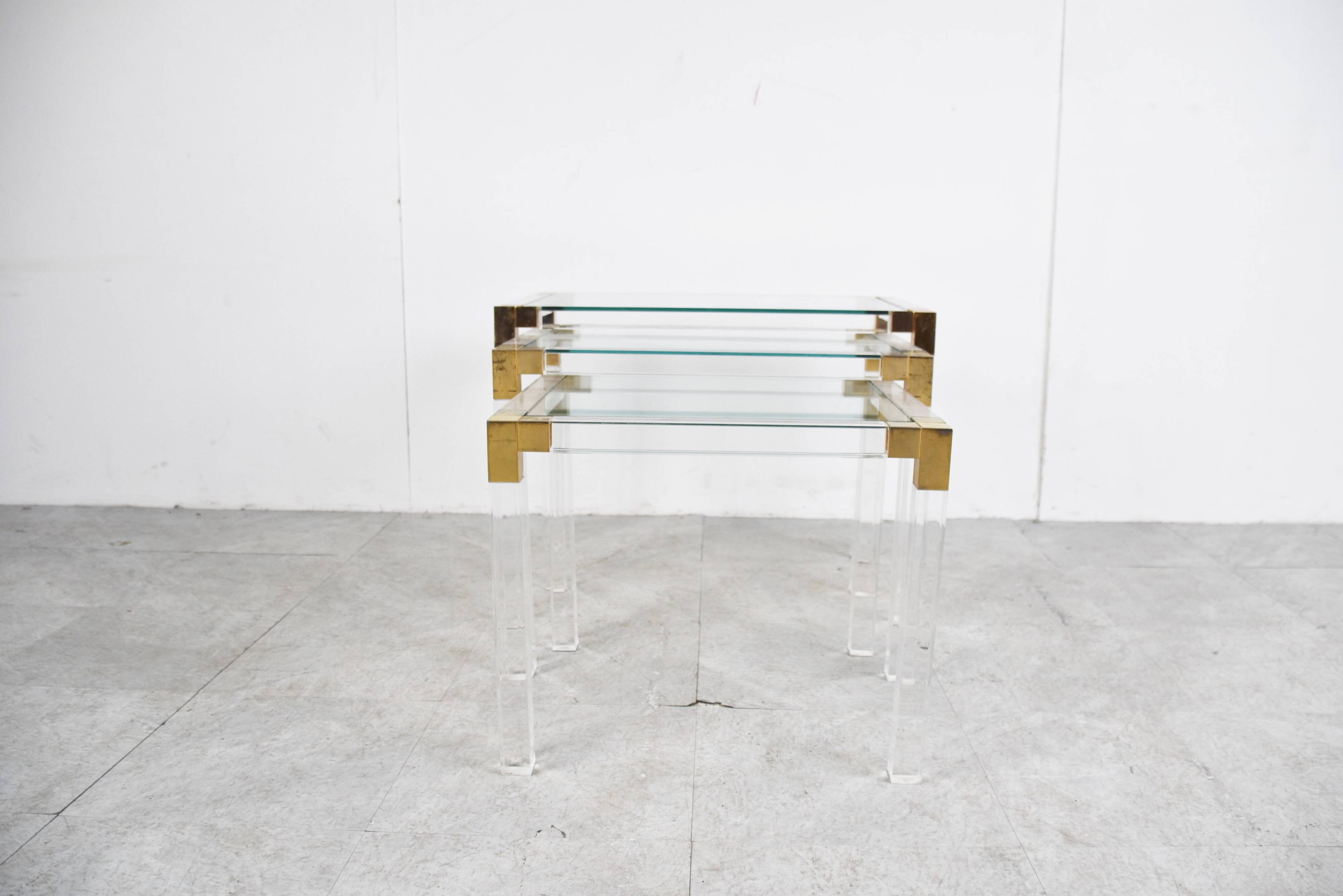 Vintage lucite and brass nesting tables, 1970s