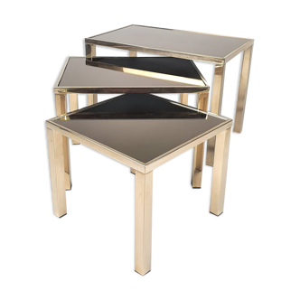 Ensemble de 3 tables gigognes plaquées or 24 carats par Belgo Chrom, années 1970