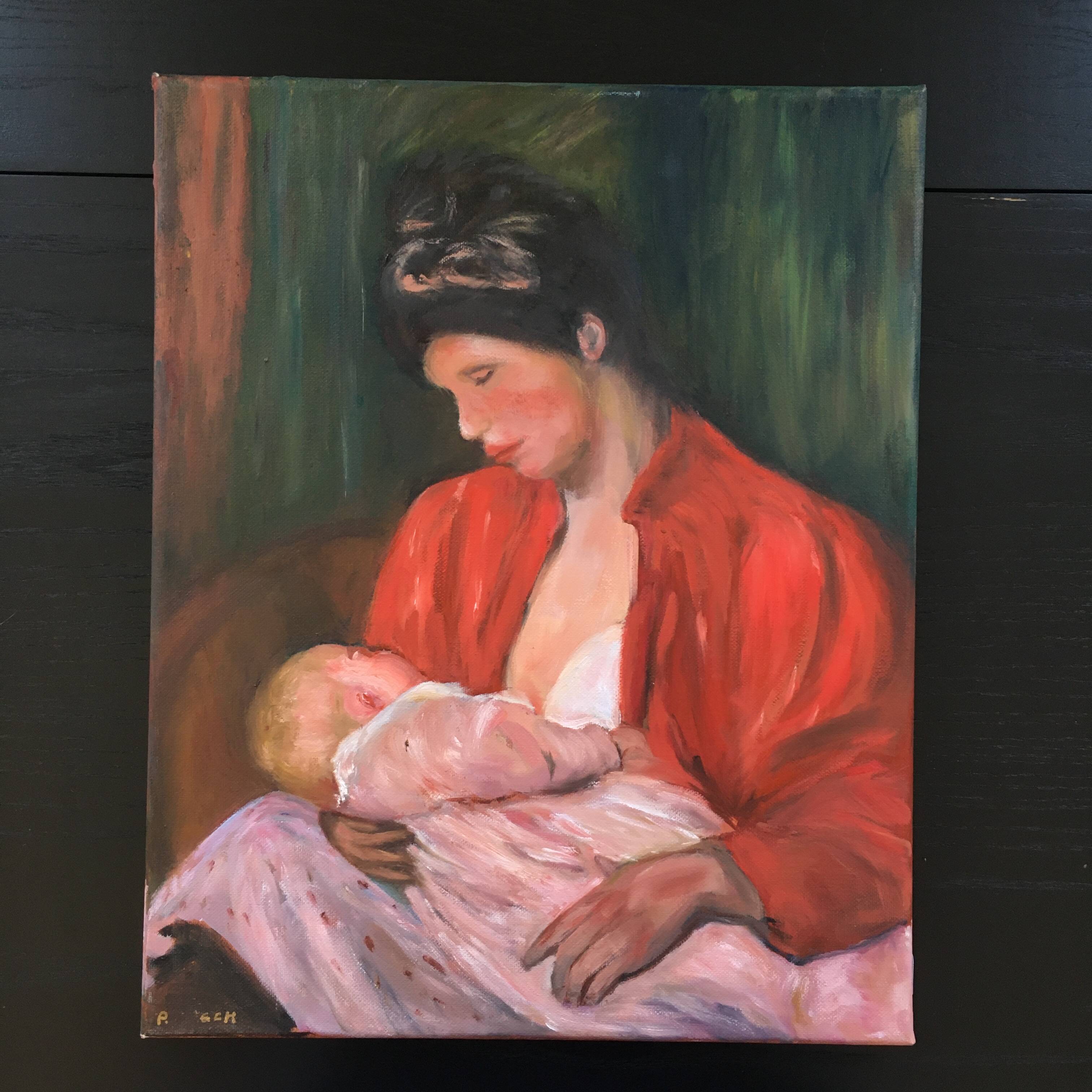 Painting woman breastfeeding her child