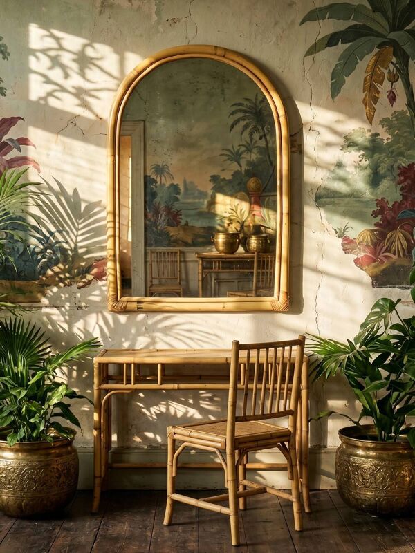 Grand miroir mural arche en bambou Italien, style Riviera, années 50-60