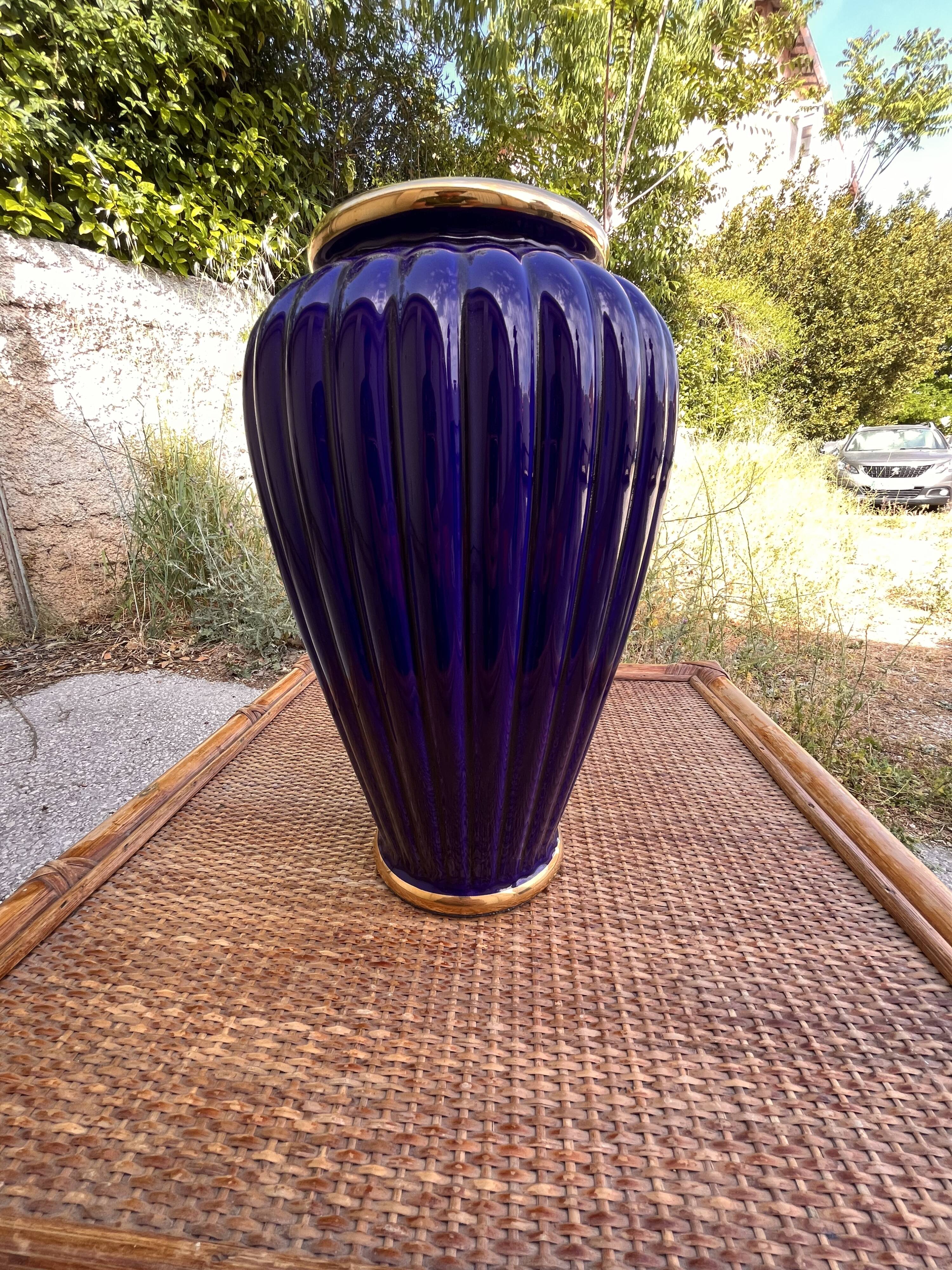 Large Glazed Ceramic Vase in Cobalt Blue with a Gold Trim and a Felt Base