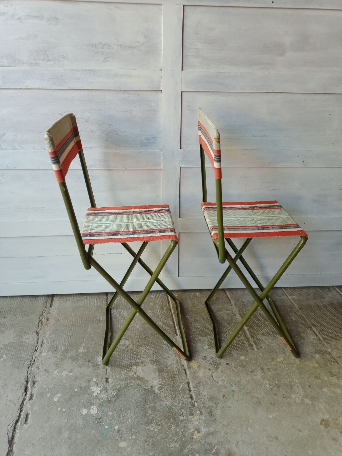 Vintage metal and canvas folding camping chairs