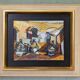 Mid-century modern "market square" swedish vintage figurative oil painting by brita hansson, framed