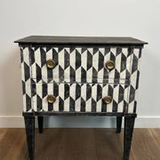 Small Italian chest of drawers with two drawers, patinated with a trompe-l'œil checkerboard pattern