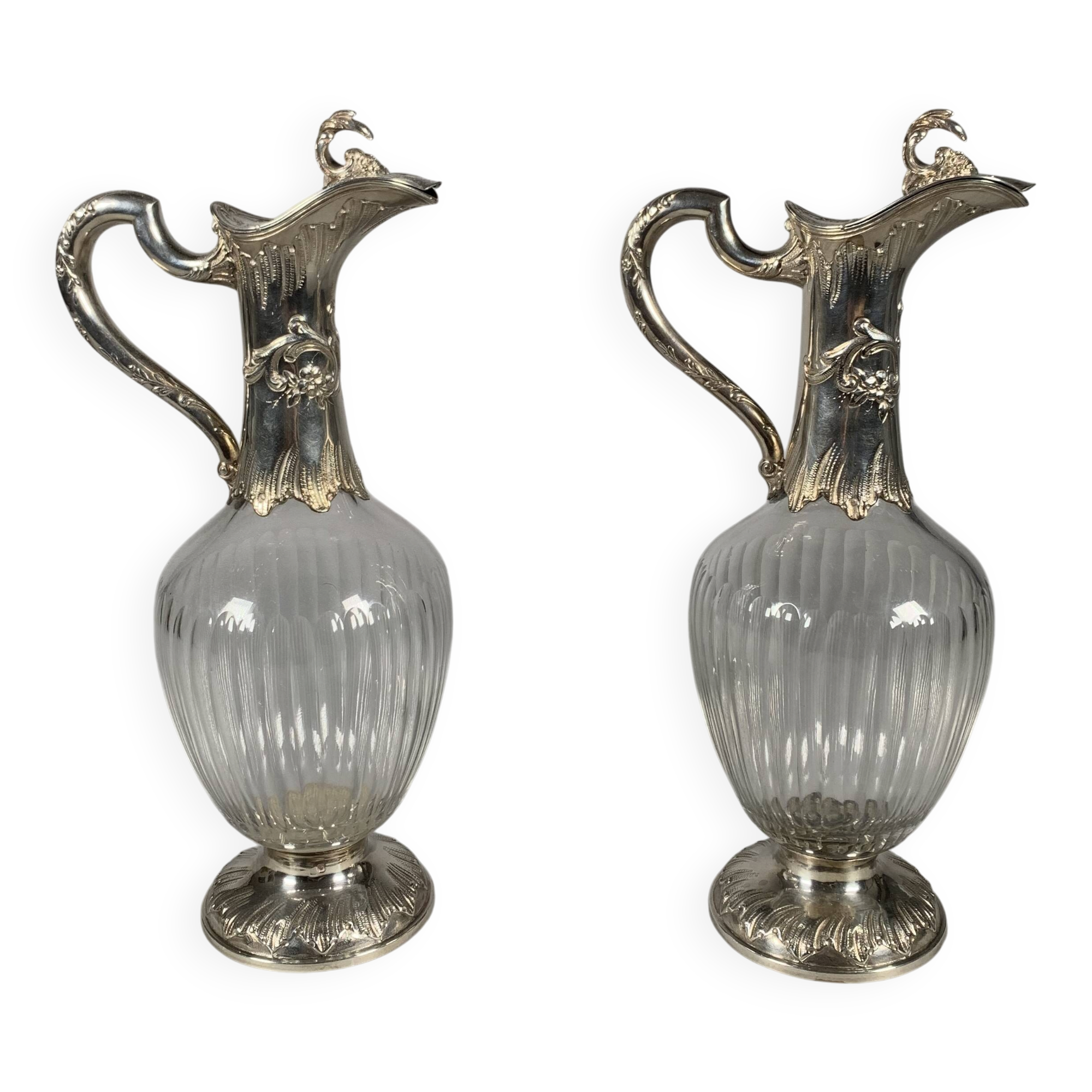 Pair of Crystal and Silver Rococo Ewers 19th Century