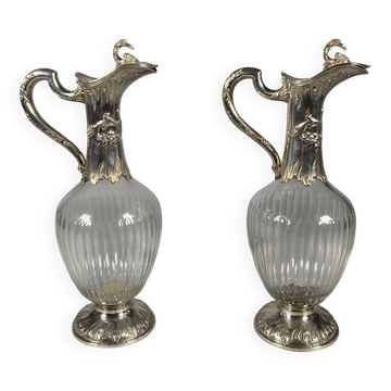 Paire d'Aiguières En Cristal Et Argent Rocaille XIXème Siècle