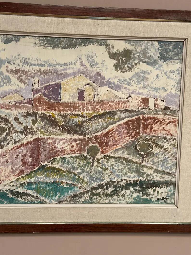 Original Swedish Oil on Canvas – "Landscape with Buildings" by Gösta Nordblad – Signed – Vintage and Framed