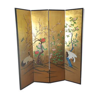 Black and gold lacquered Chinese screen with bird decorations, 4 panels