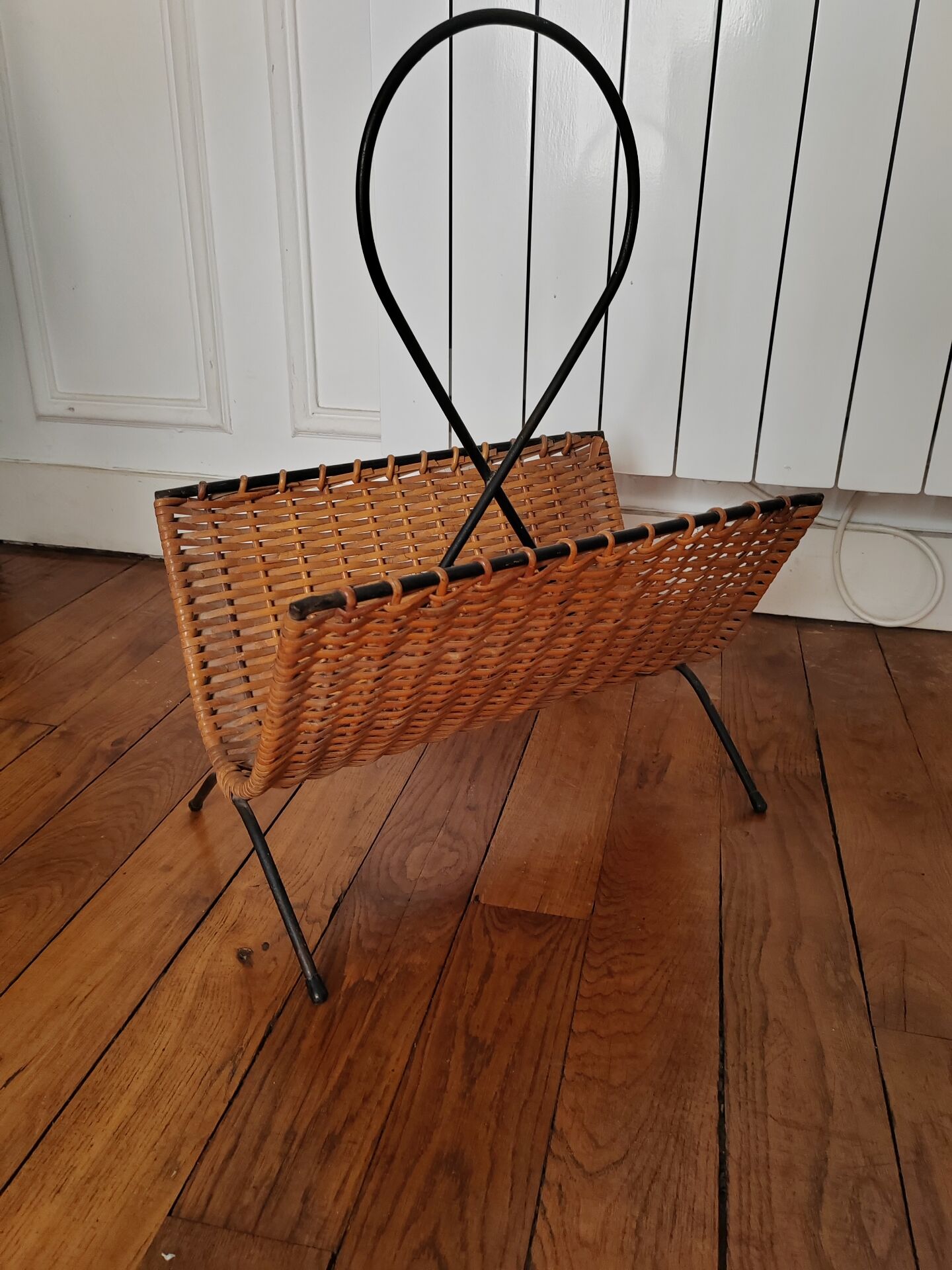 Metal and rattan magazine rack