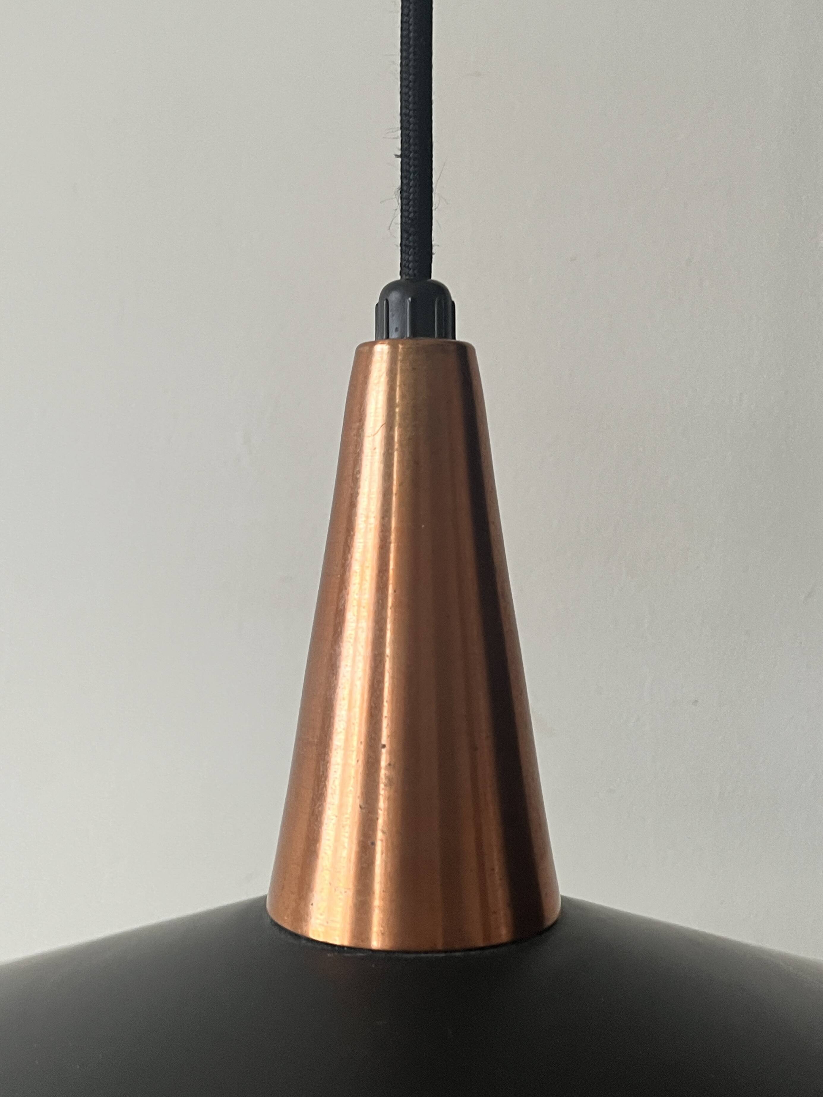 Scandinavian suspension in black metal, copper, and opal glass, 1970s design.