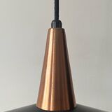 Scandinavian suspension in black metal, copper, and opal glass, 1970s design.