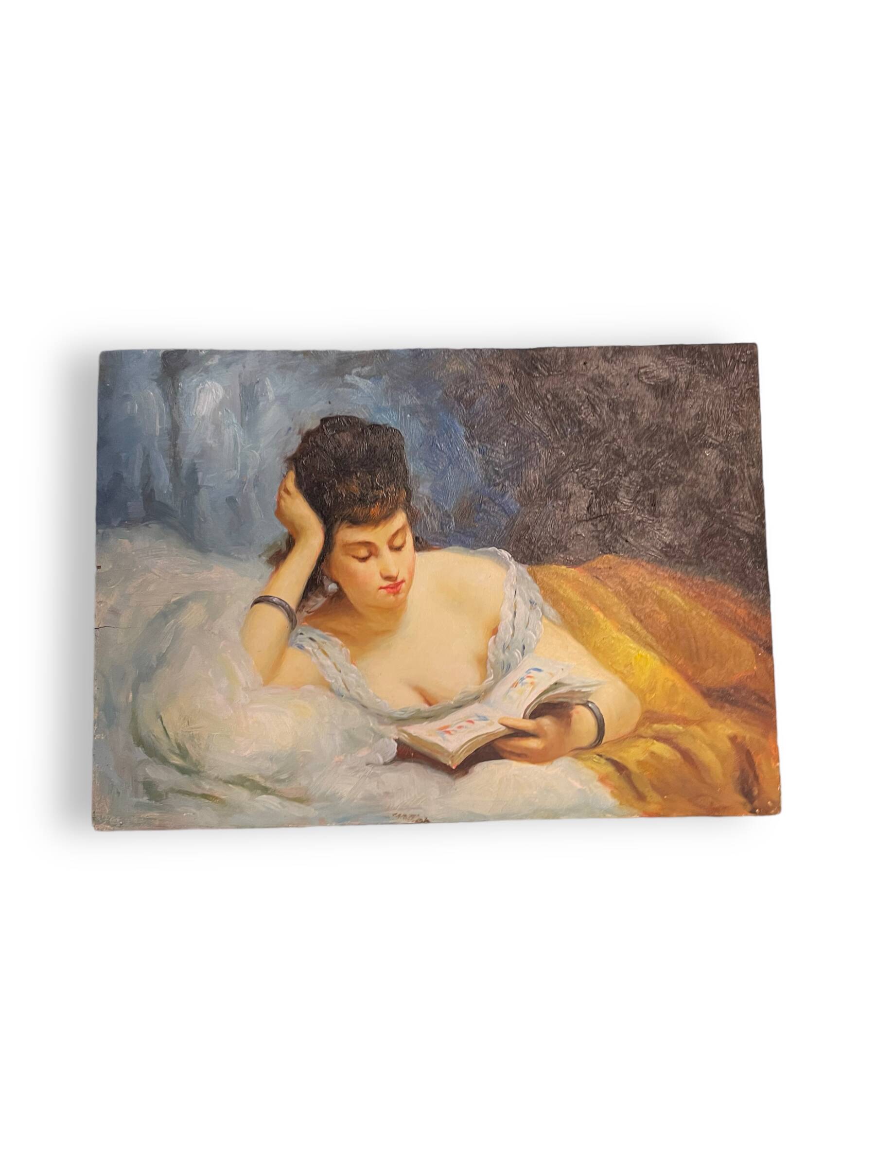 Young woman lying reading oil on panel