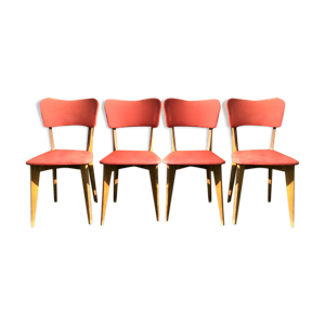 4 chaises vintage à pieds compas en hêtre et skaï rouge