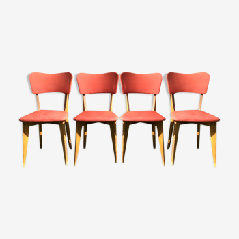 4 vintage chairs with compass feet in beech and red skaï