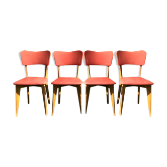 4 chaises vintage à pieds compas en hêtre et skaï rouge