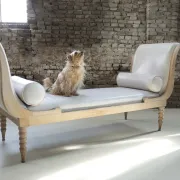Vintage chaise longue / daybed in bleached wood and white leather