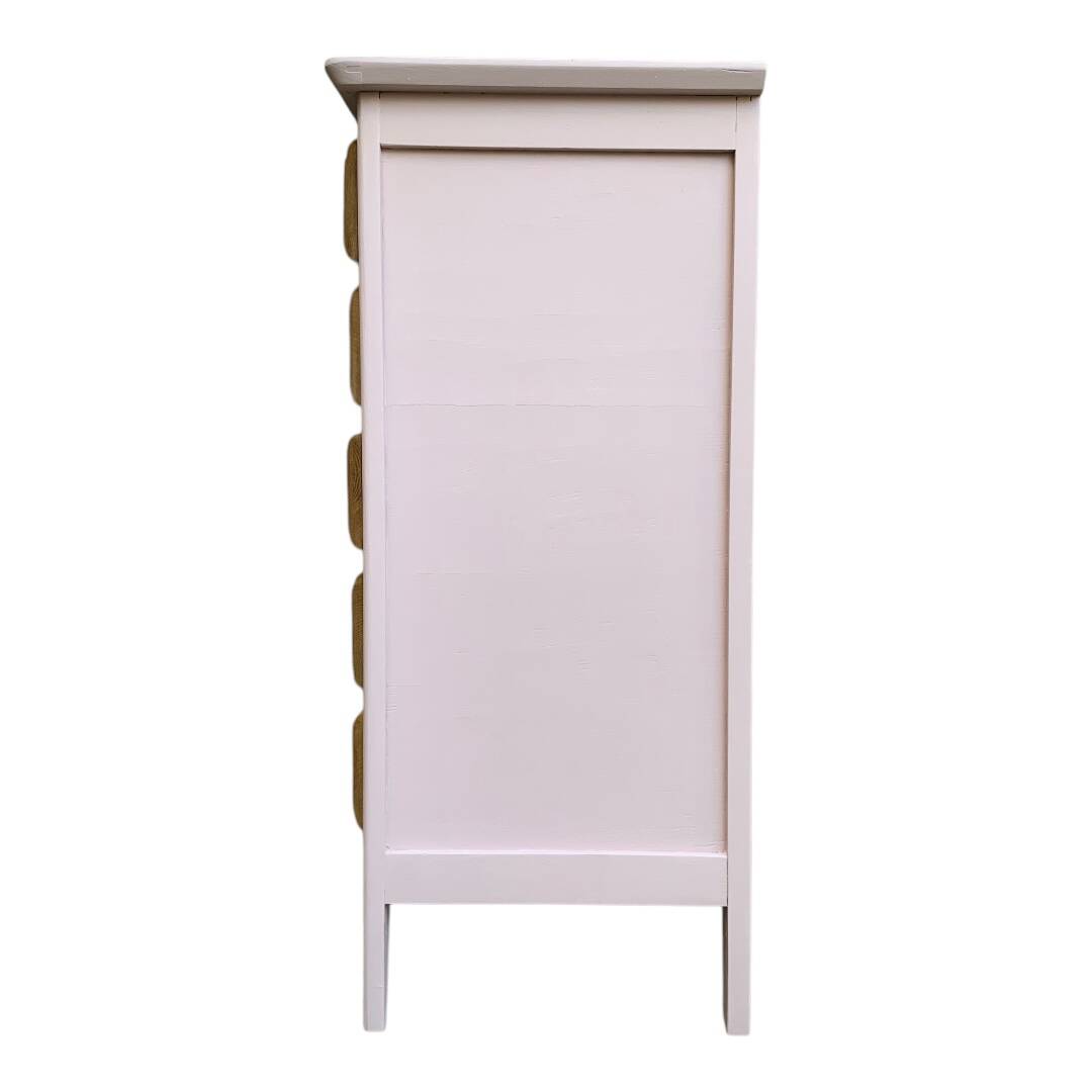 Vintage powder pink compass leg chest of drawers from the 1950s