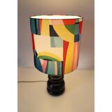 Vintage lamp with black solid wood base and multi-colored lampshade