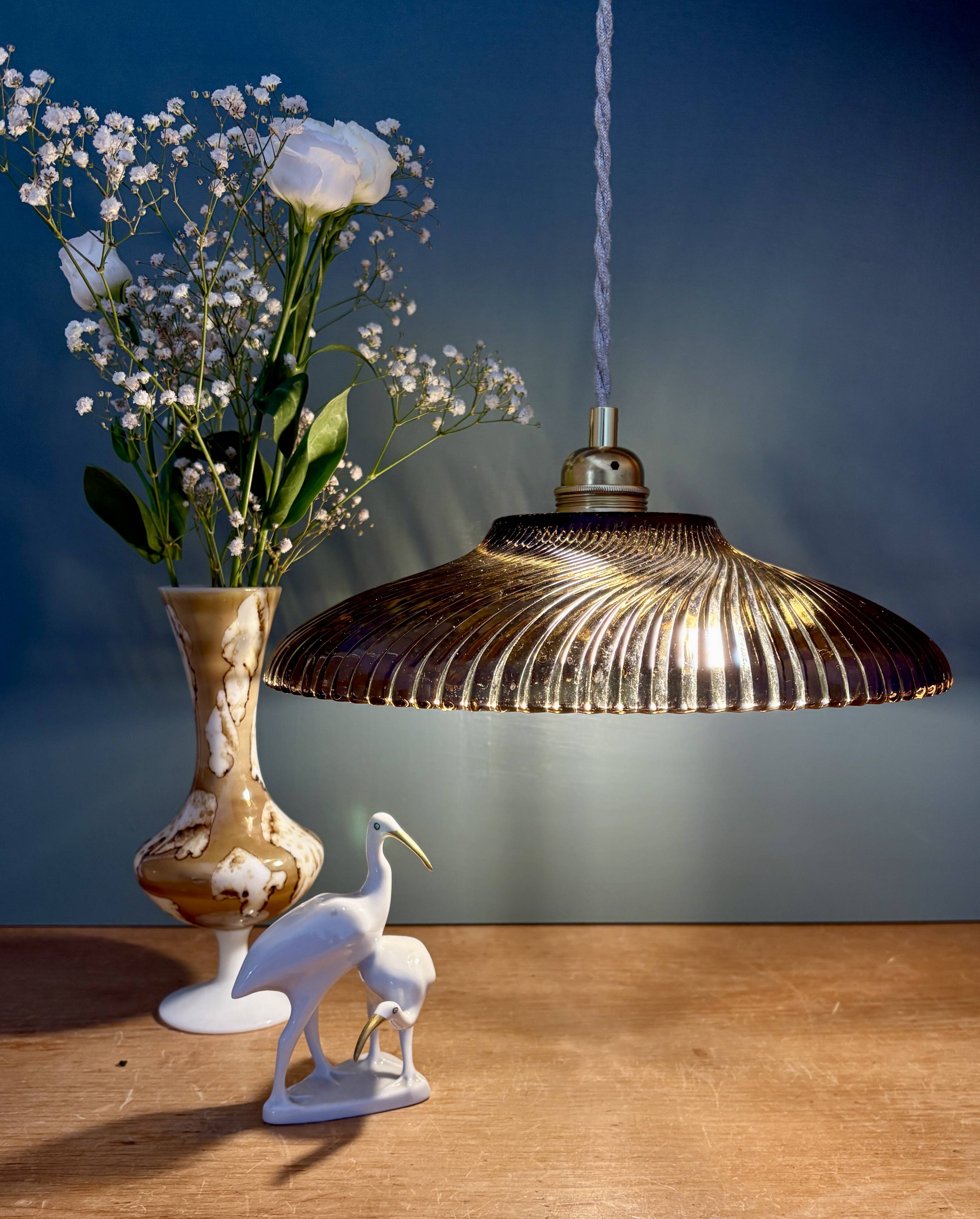 Vintage amber molded glass lampshade pendant light - tableware collection -