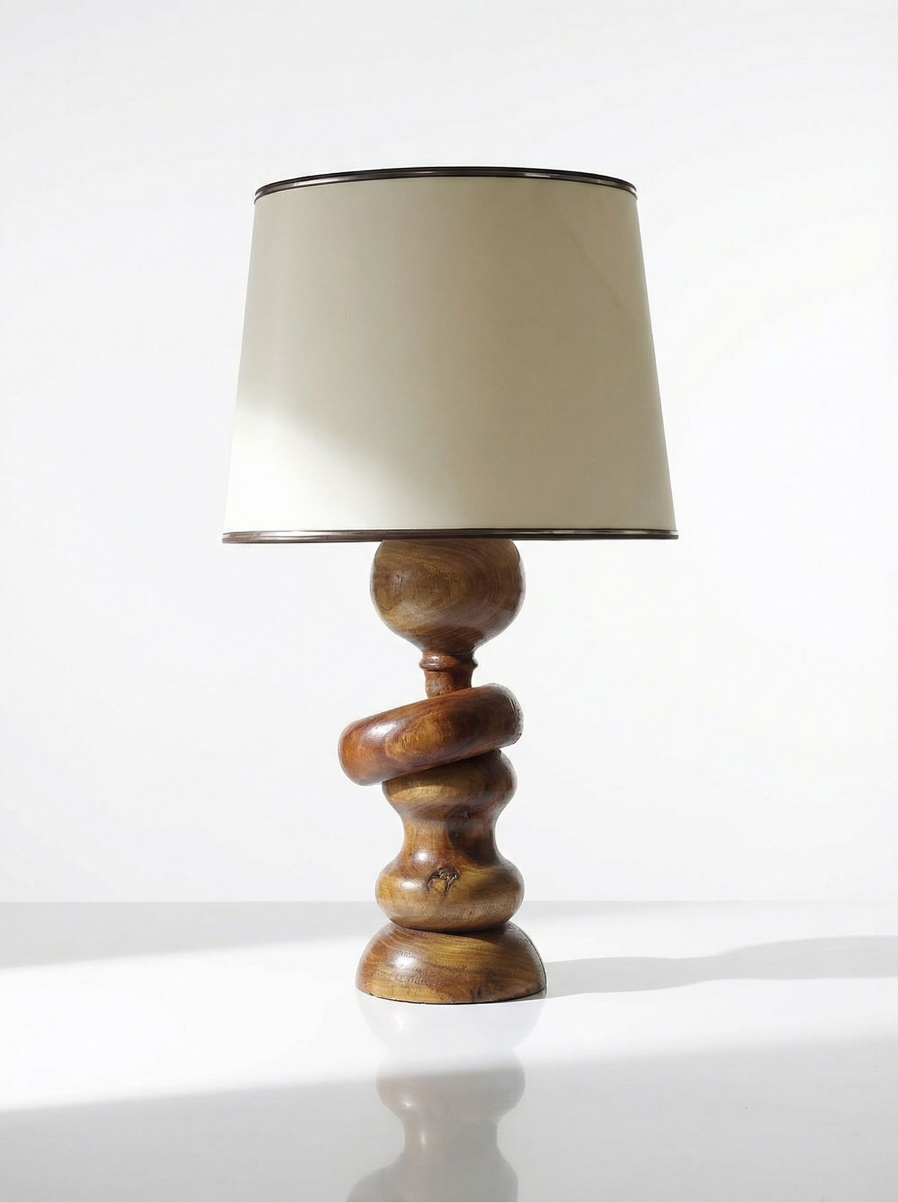 Impressive vintage Scandinavian style lamp designed with turned sculpted wood and a ring.