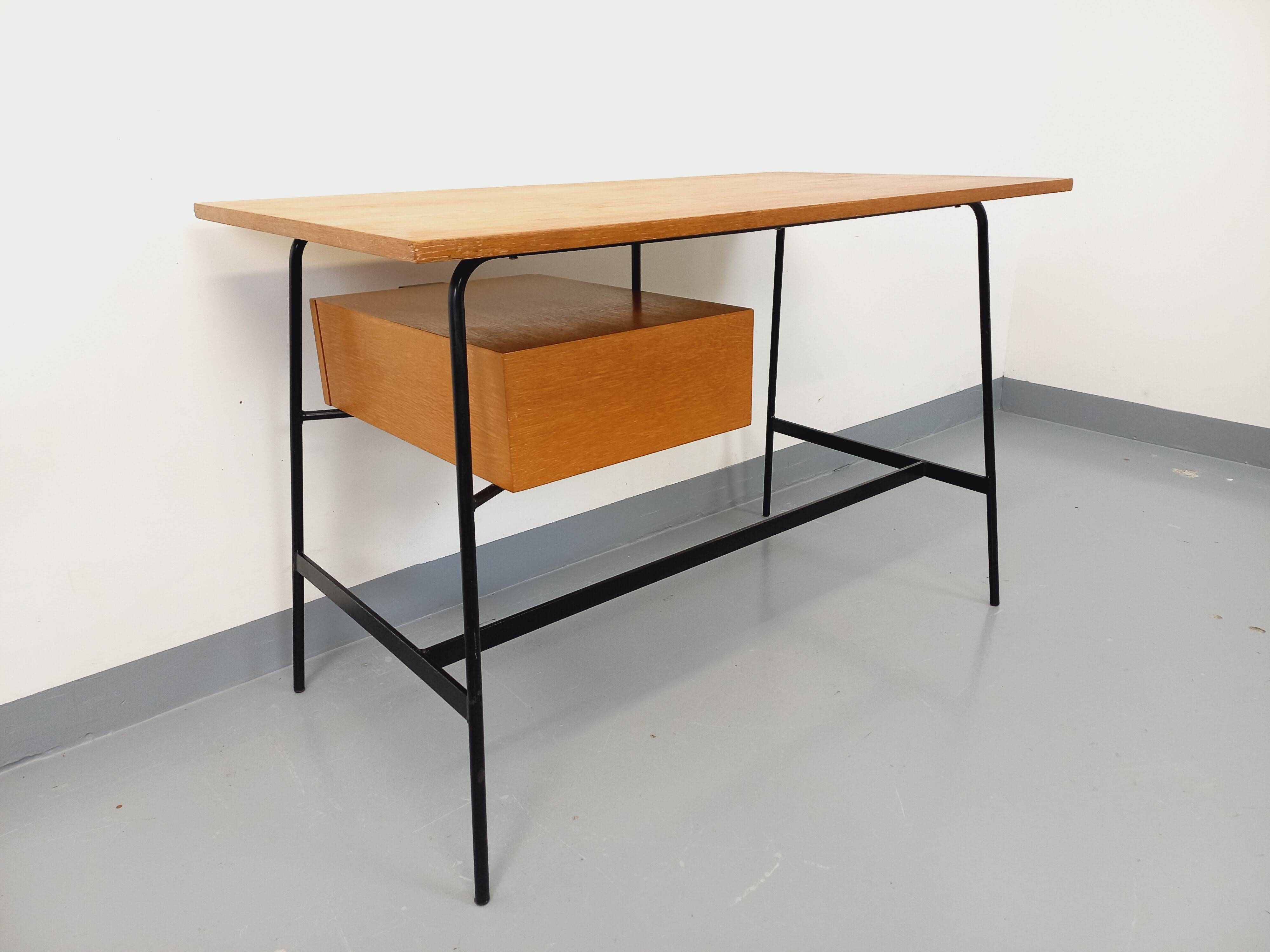 Pierre Paulin vintage modernist desk in oak wood and black metal