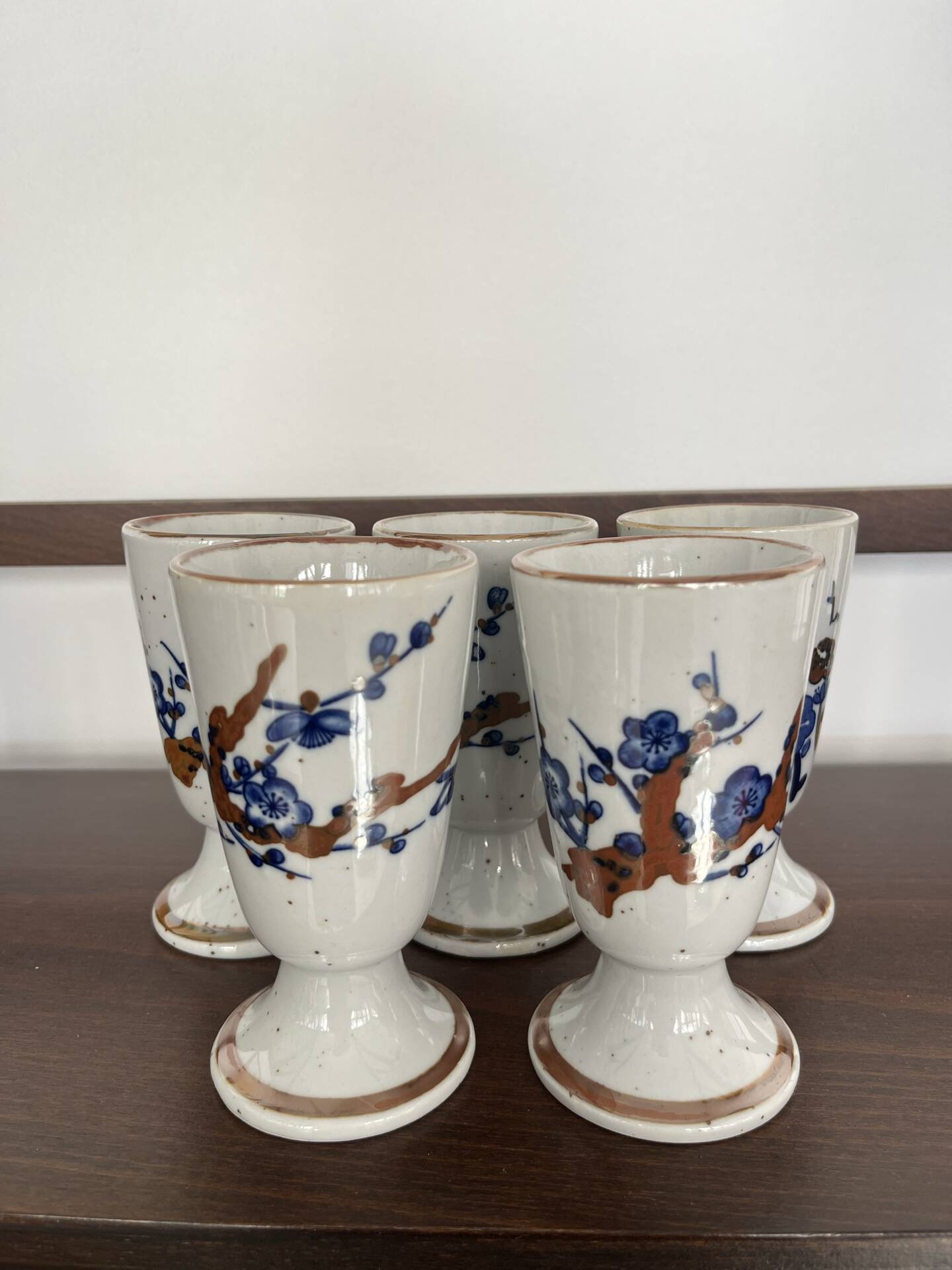 Set of 5 blue stoneware mazagrans "cherry blossom".